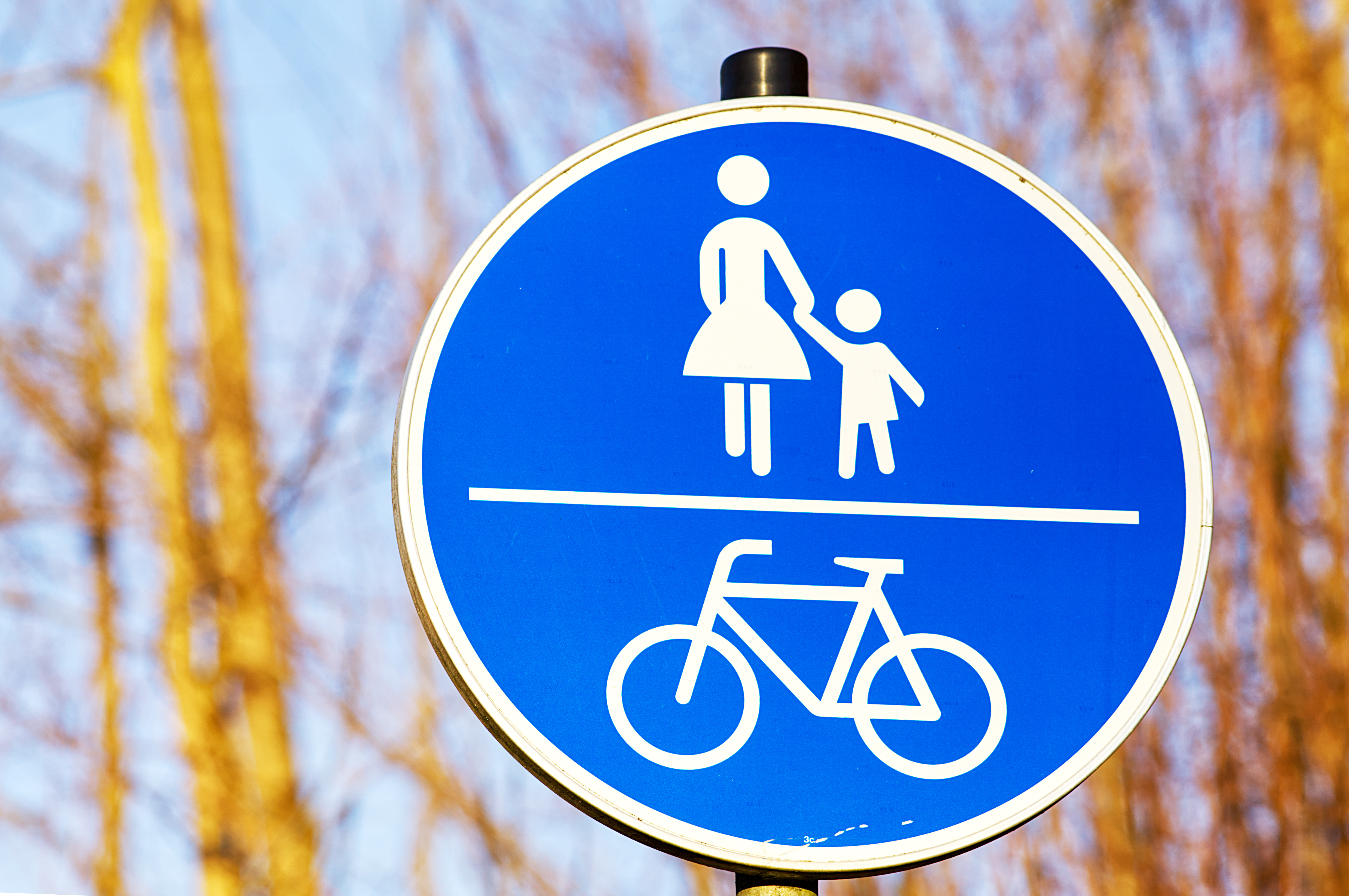 Zu sehen ist ein blaues Verkehrsschild, auf dem Fußgänger und ein Fahrrad abgebildet sind, die durch eine horizontale Linie getrennt werden.